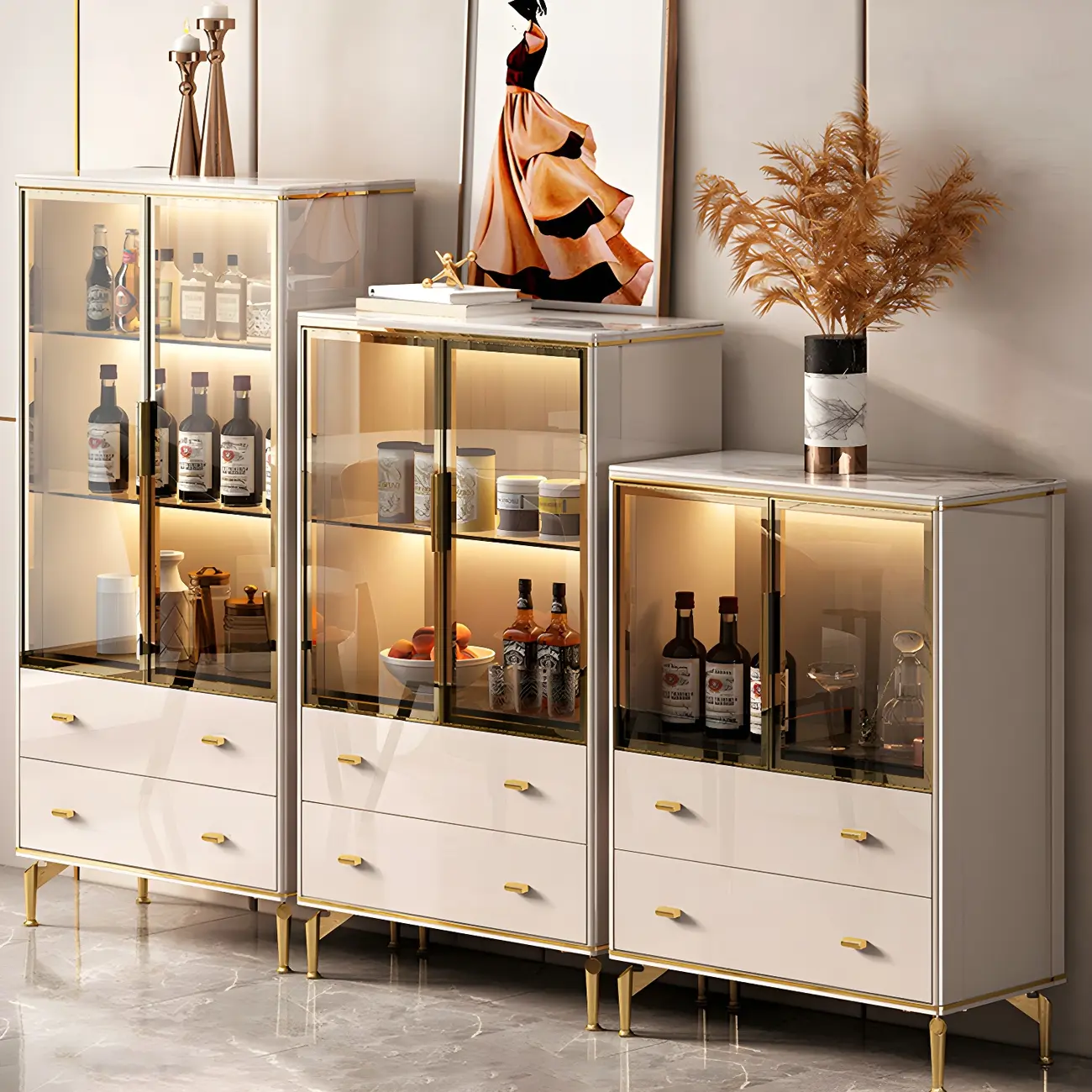 White Wood Gold Legs Adjustable Shelves Display Cabinet