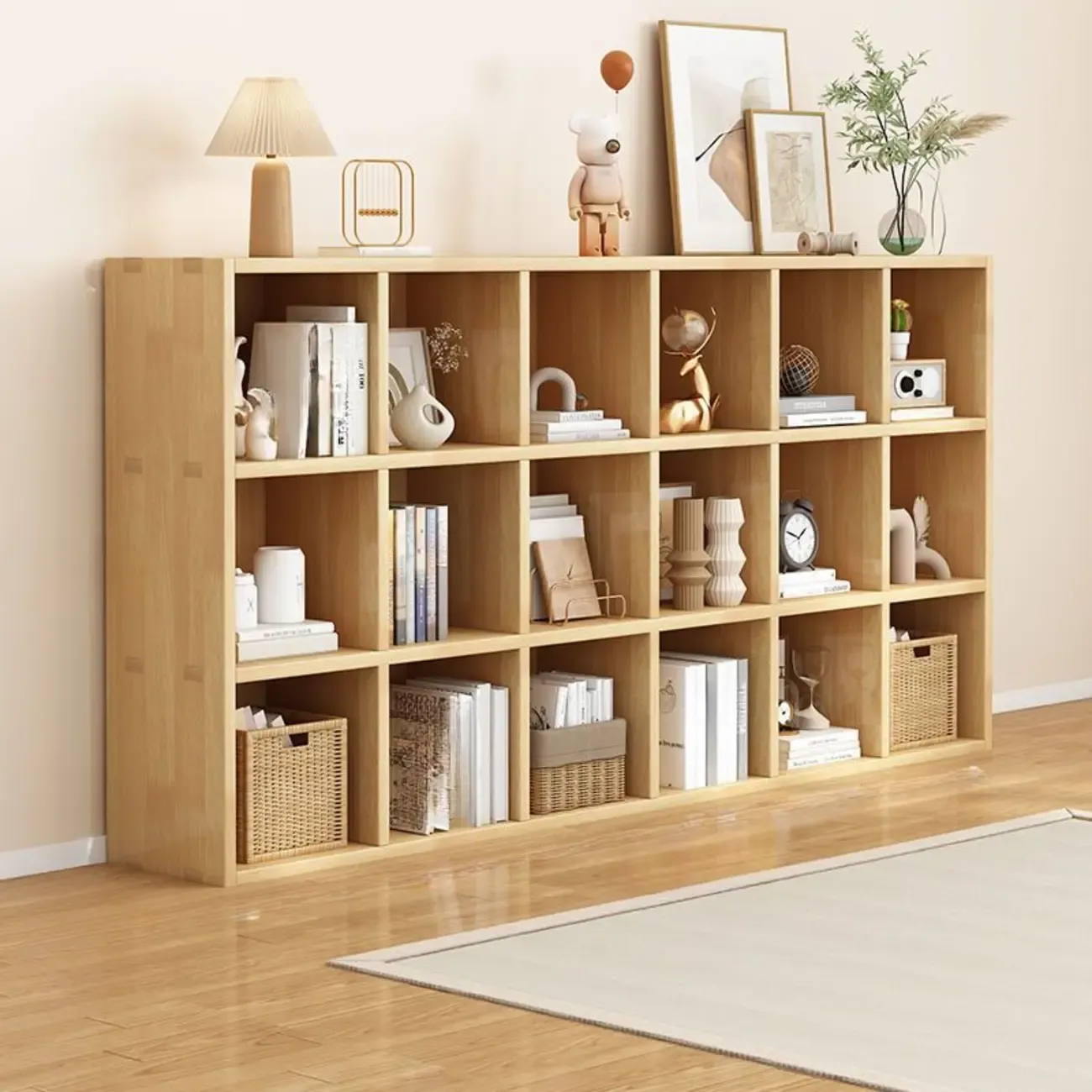 Modern Oak Bookcase Spacious Shelves Multi-Cabinets