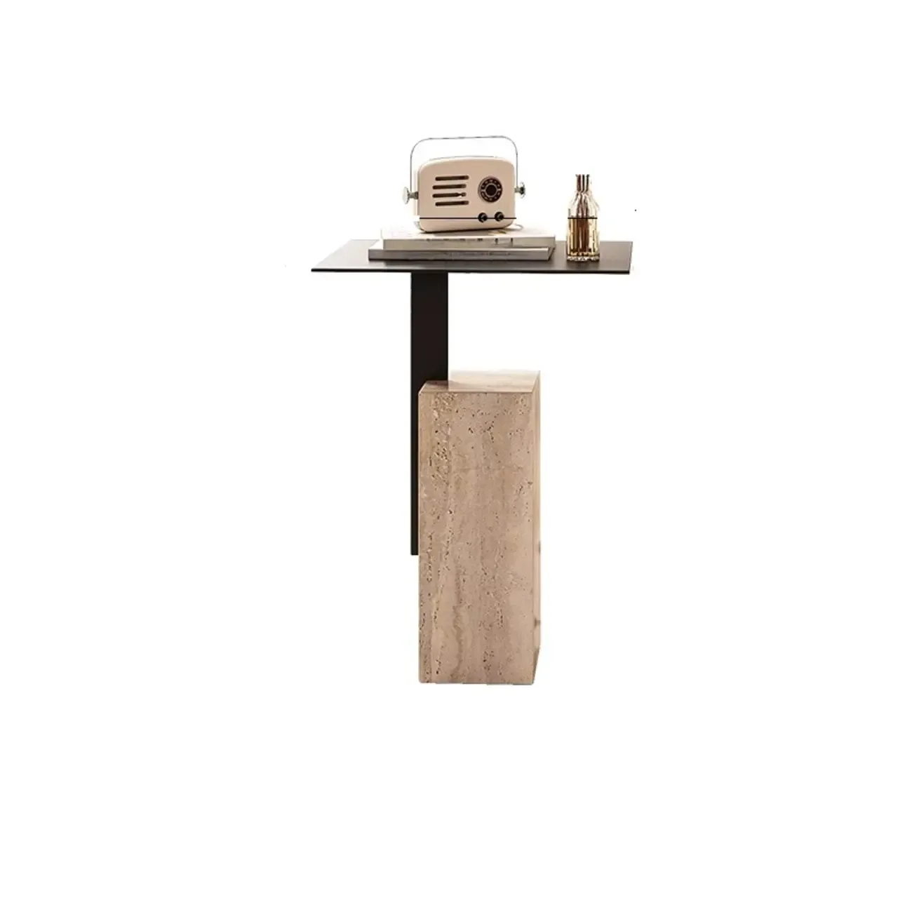 Modish Travertine Pedestal Metal Square Side Table