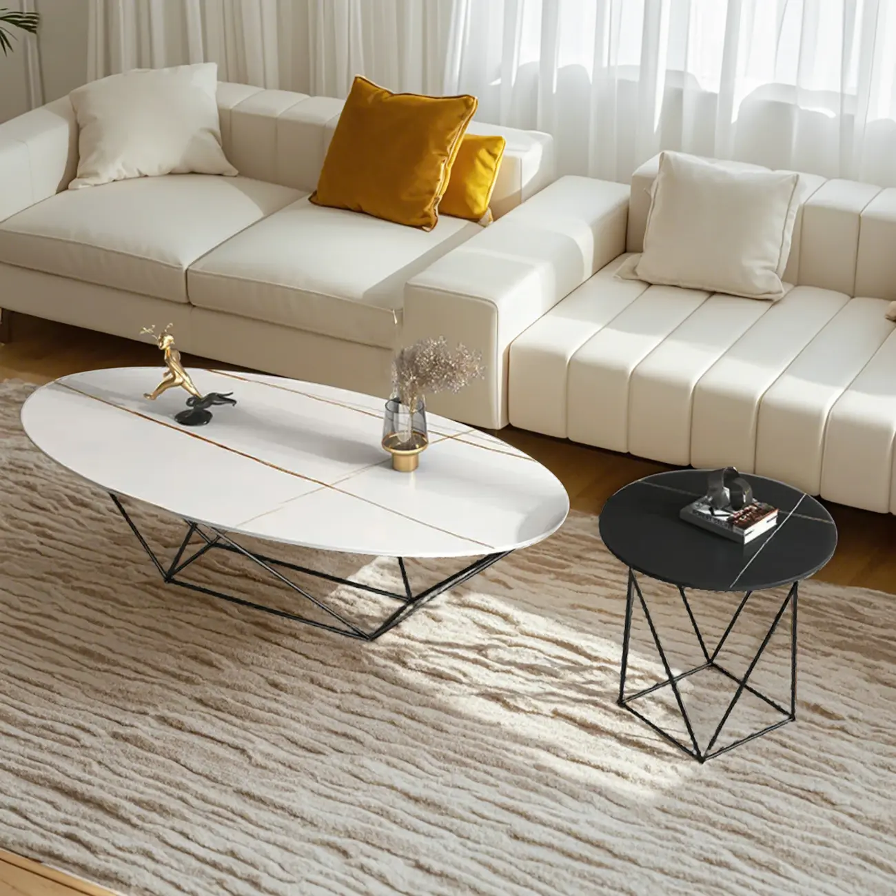 Stylish Metal Black Oval Coffee Table with Geometric Base