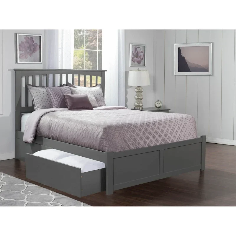 Mission King Platform Bed with 2 Drawers in Grey