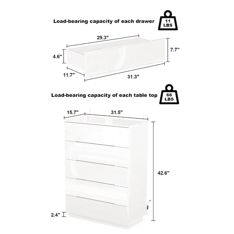 31.5 High Gloss Chest With Light Chest w/5 Drawers&Spacious Tabletop