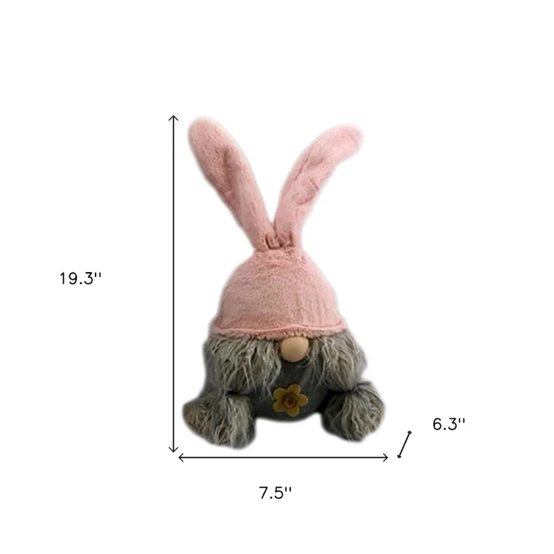 HomeRoots 19  Gray and Pink Fabric Bunny Ears Standing Gnome - 6.3' X '19.3' X '7.5