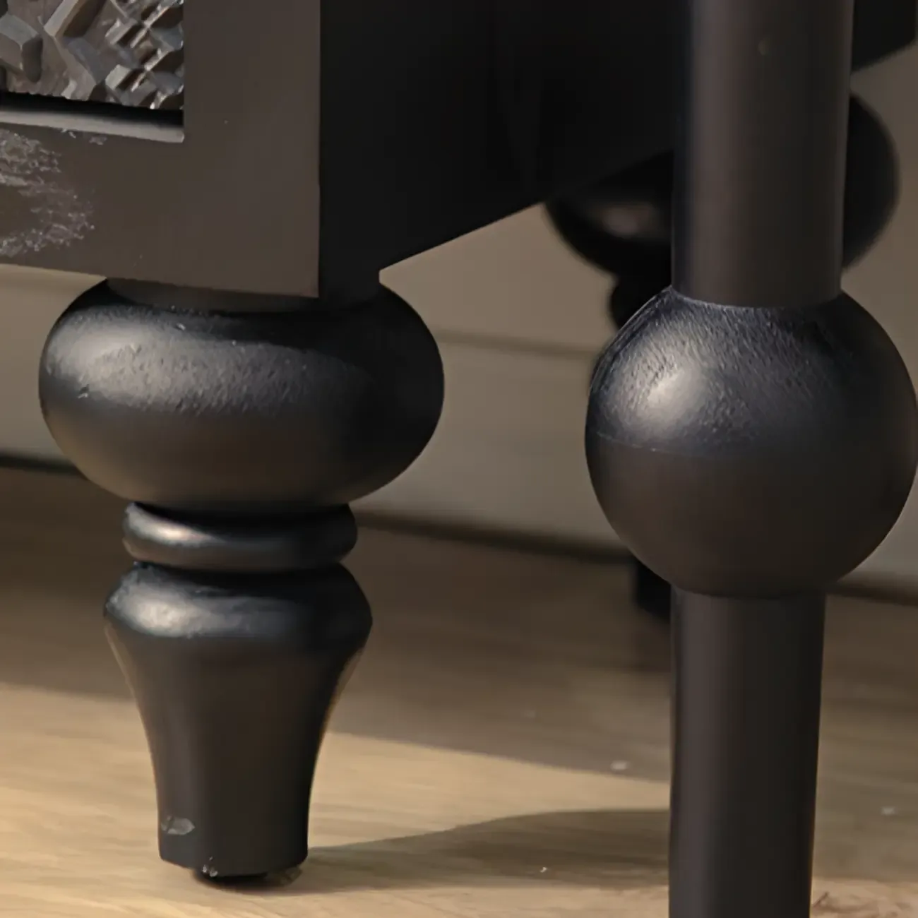 Mid-Century Rectangle Black Distressed Wood Carved Cabinet