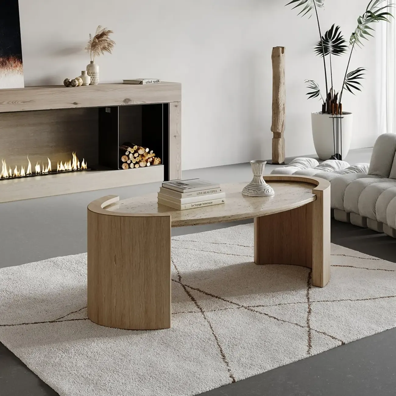 Japandi Oval Travertine Coffee Table in Double Pedestal
