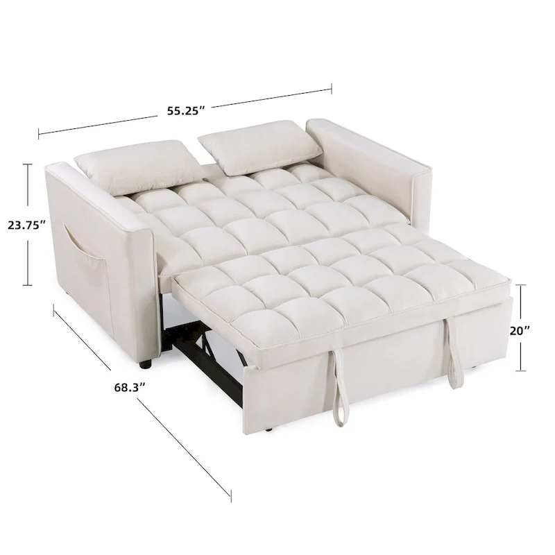 Modern 68 Length Tufted Convertible Loveseat Sleeper Sofa Bed - 68L x 55W x 20H