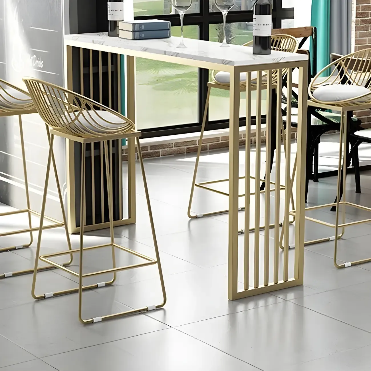 Glam White Faux Marble Gold Rail Metal Base Bar Tables