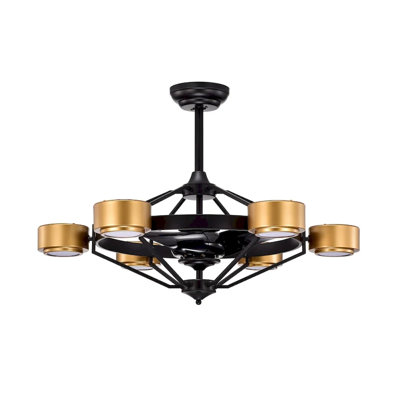 Larissa Matte Ceiling Fan Black+Gold 37-Inch 6-Light Open Metal Cage (Includes Remote)