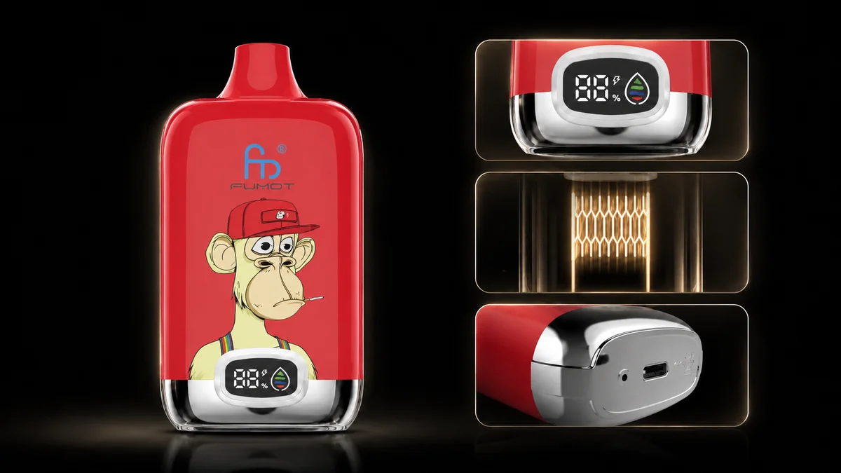 Fumot Digital Box 12000 Red Energy Ice Vape Funktionsdetails mit Display, Mesh Coil und Ladeanschluss