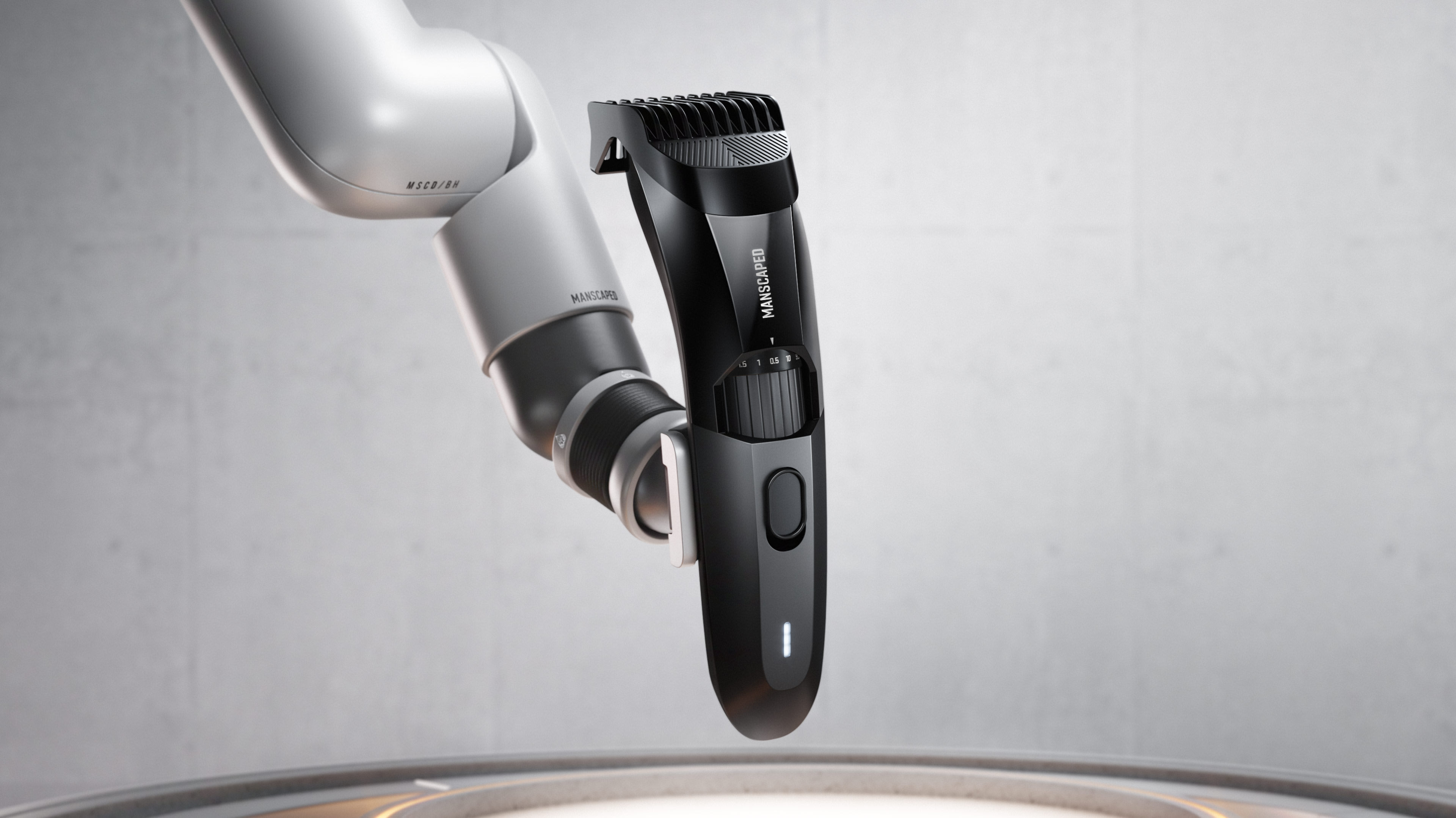 MANSCAPED Beard Hedger electric beard trimmer held by a robotic arm, showcasing precision grooming technology in a clean studio environment.