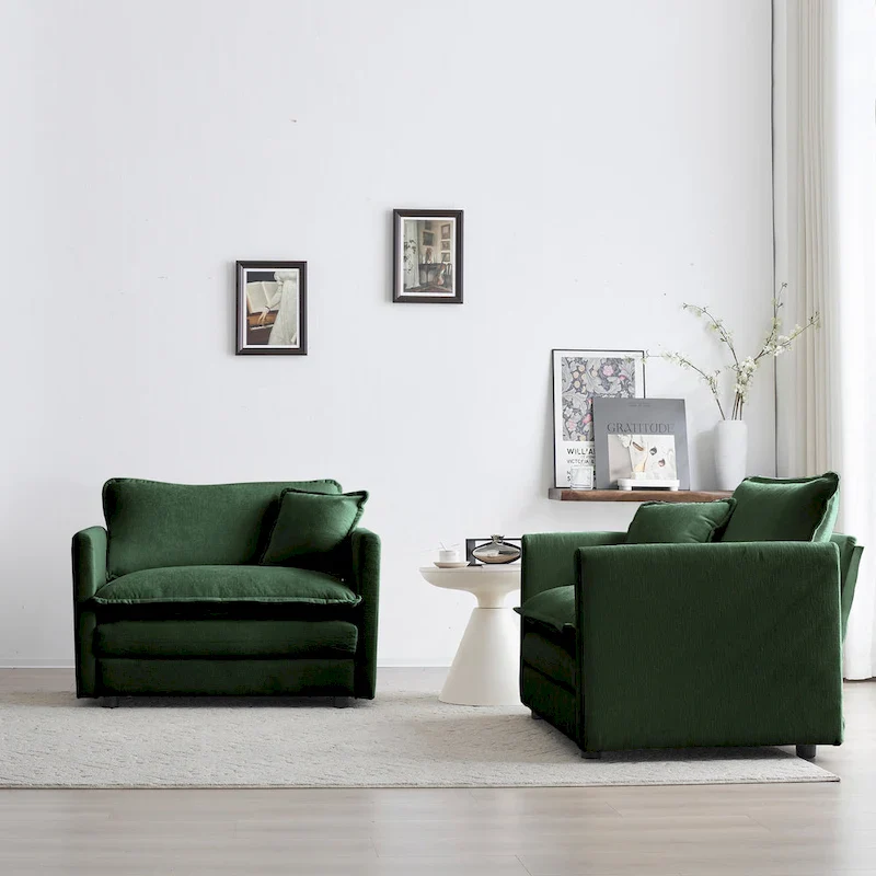 Accent Chair Set of 2, High-end Chenille Upholstered Armchairs, Living Room Side Chairs with Toss Pillow, Green Chenille