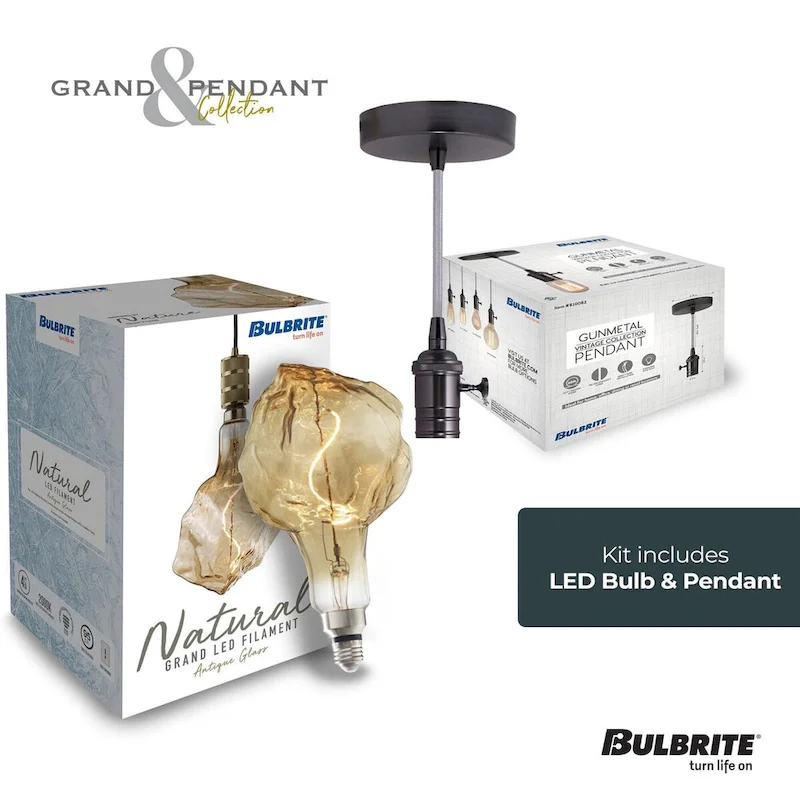Bulbrite LED Grand Bulb and Pendant Kit of (1) 4 Watt Antique Glass 13  Glacier Shaped Bulb