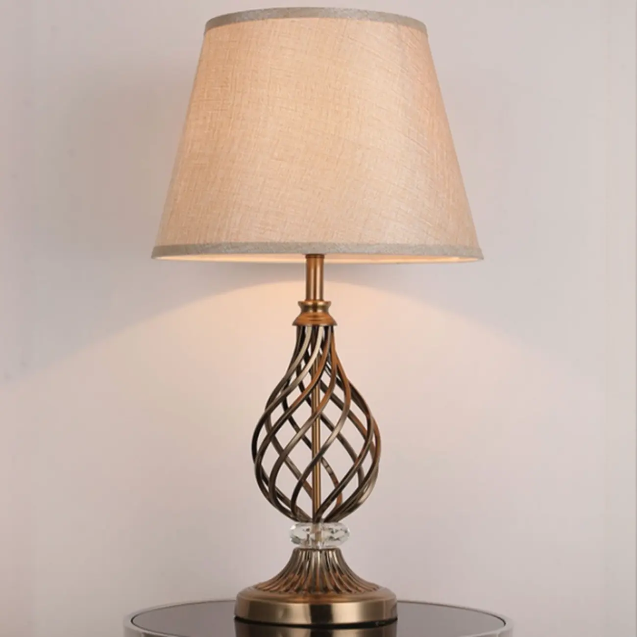 Geometric Fabric LED Bedside Table Lamp Antique Brass Base