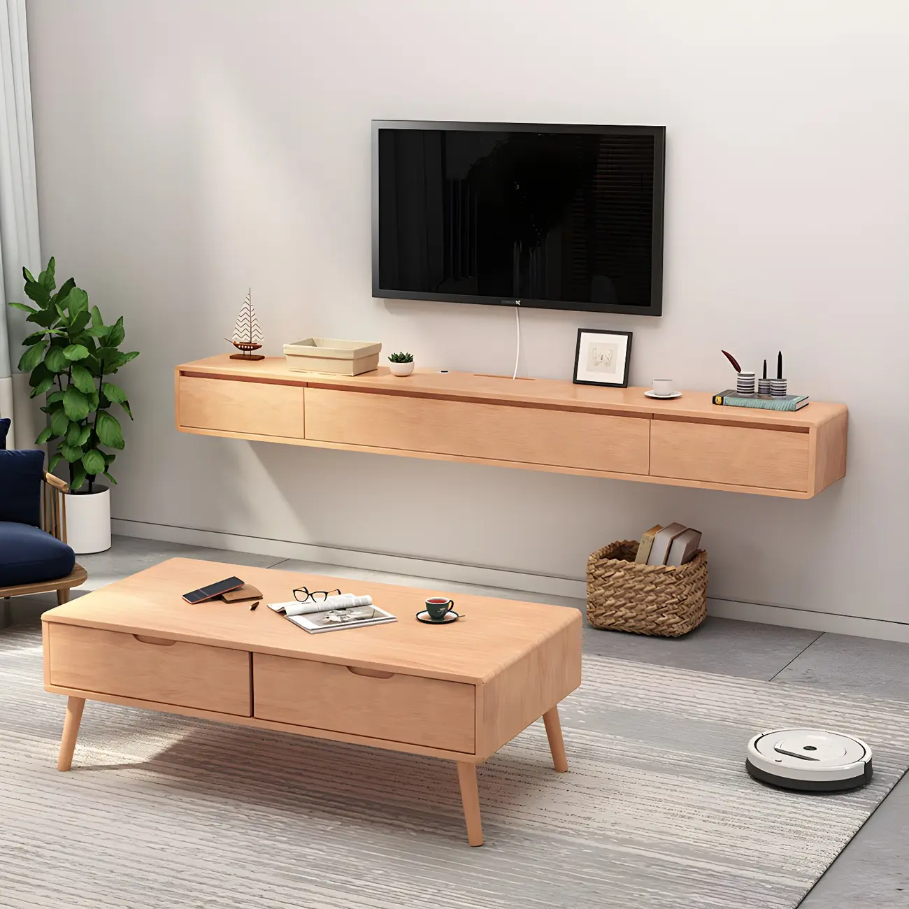 Scandinavian Wood Floating TV Stand with Cabinet