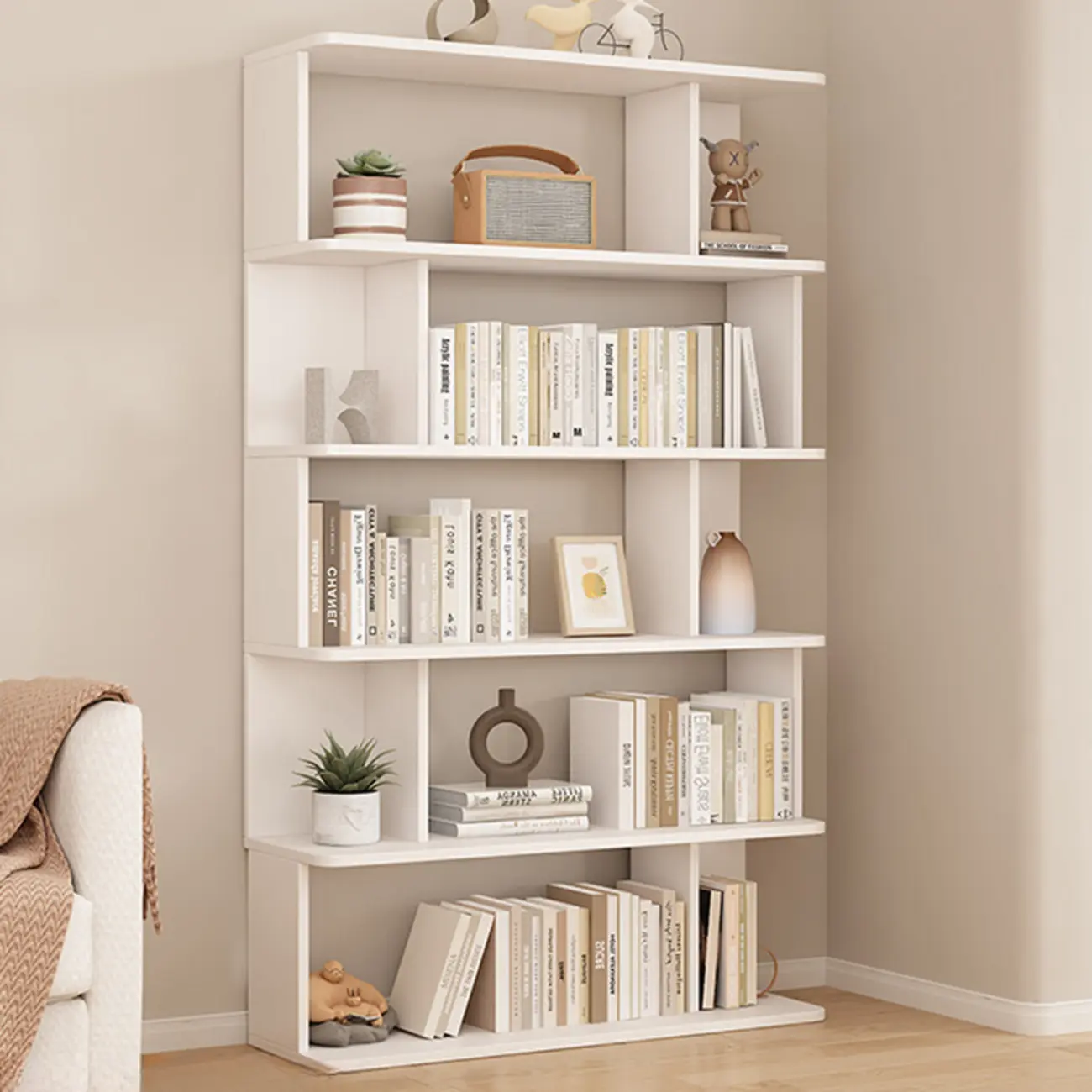 Modern White Open Back Wood 5 Shelf Bookshelf