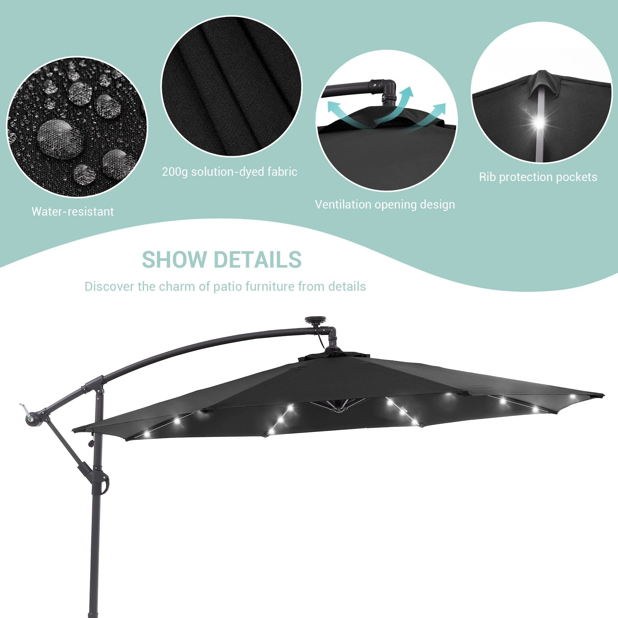LIVOOSUN 10ft LED Patio Offset Umbrella With Cross Base