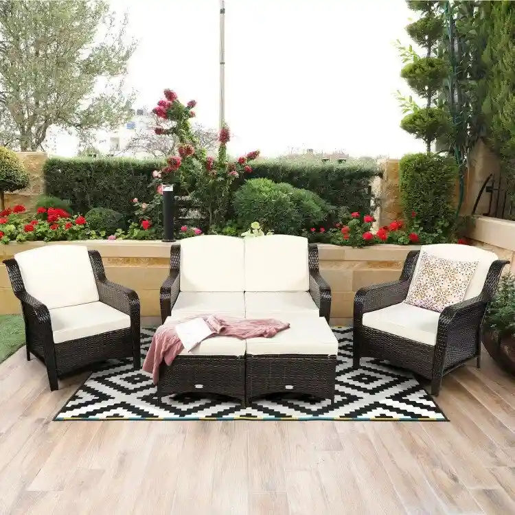 5 Pieces Patio Rattan Sofa Set with Cushion and Ottoman - 51 x 33.5 x 33 (L x W x H)