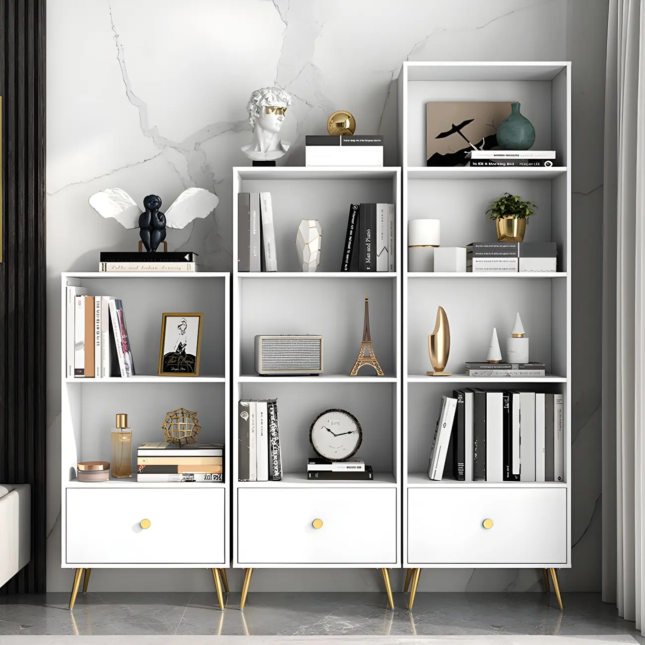 White Metal 2/3/4-Tier Open Bookcase with Drawer