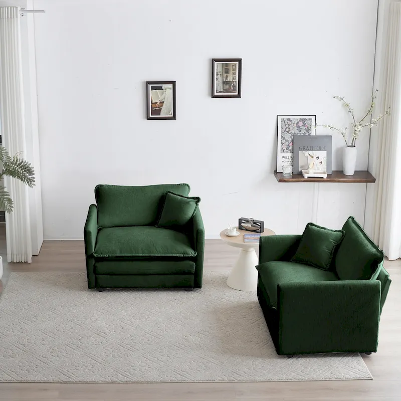 Accent Chair Set of 2, High-end Chenille Upholstered Armchairs, Living Room Side Chairs with Toss Pillow, Green Chenille