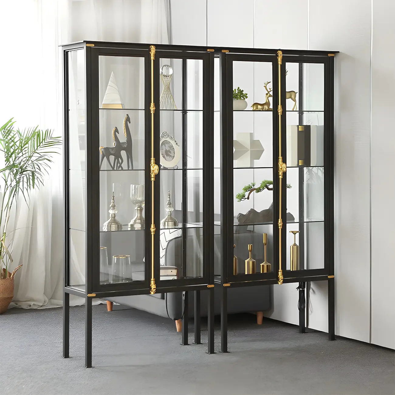 Black Metal Glass Shelves Display Cabinet with Lights