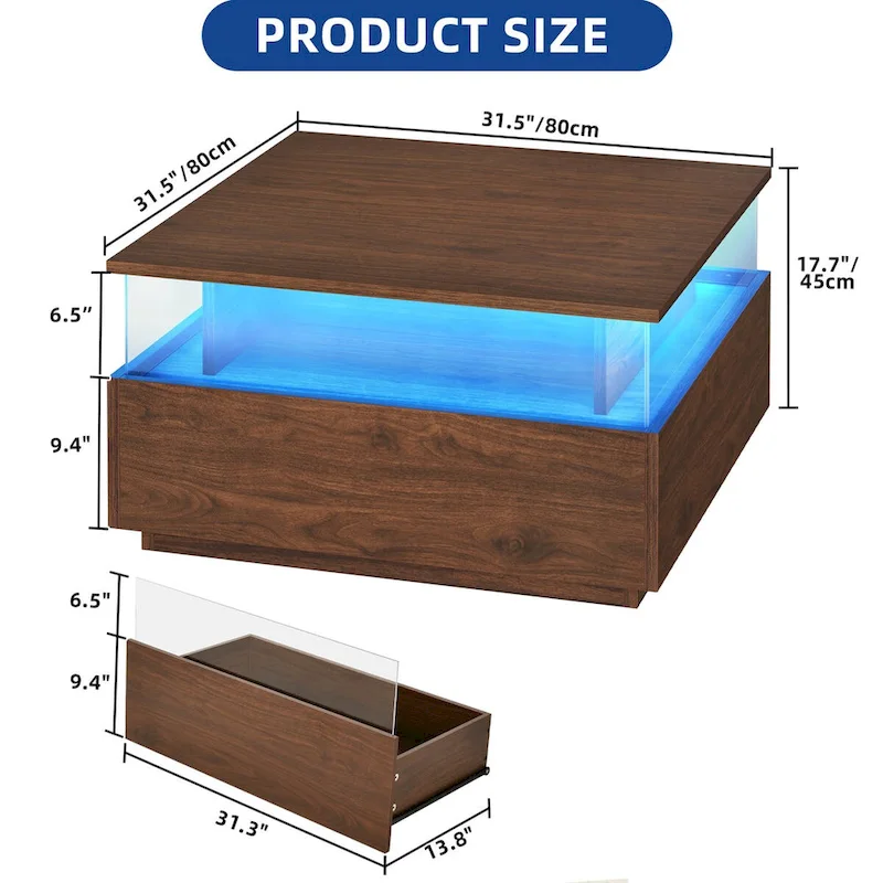 Moasis Modern Square Coffee Table with Drawers & LED Light, Acrylic and Wood Center Table