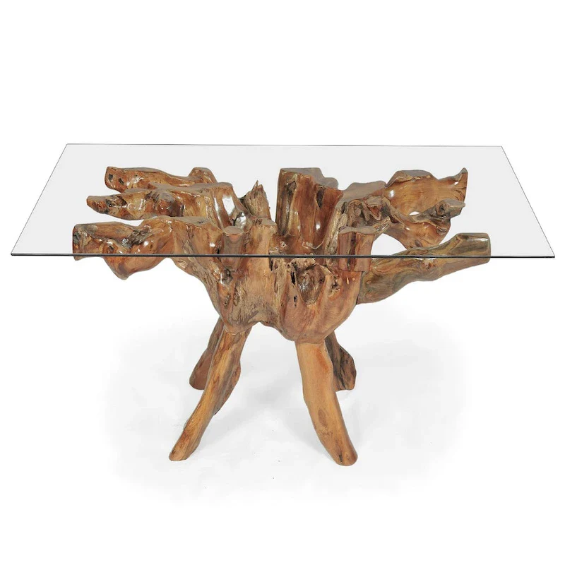 Teak Wood Root Dining Table with 43 inch Square Glass Top