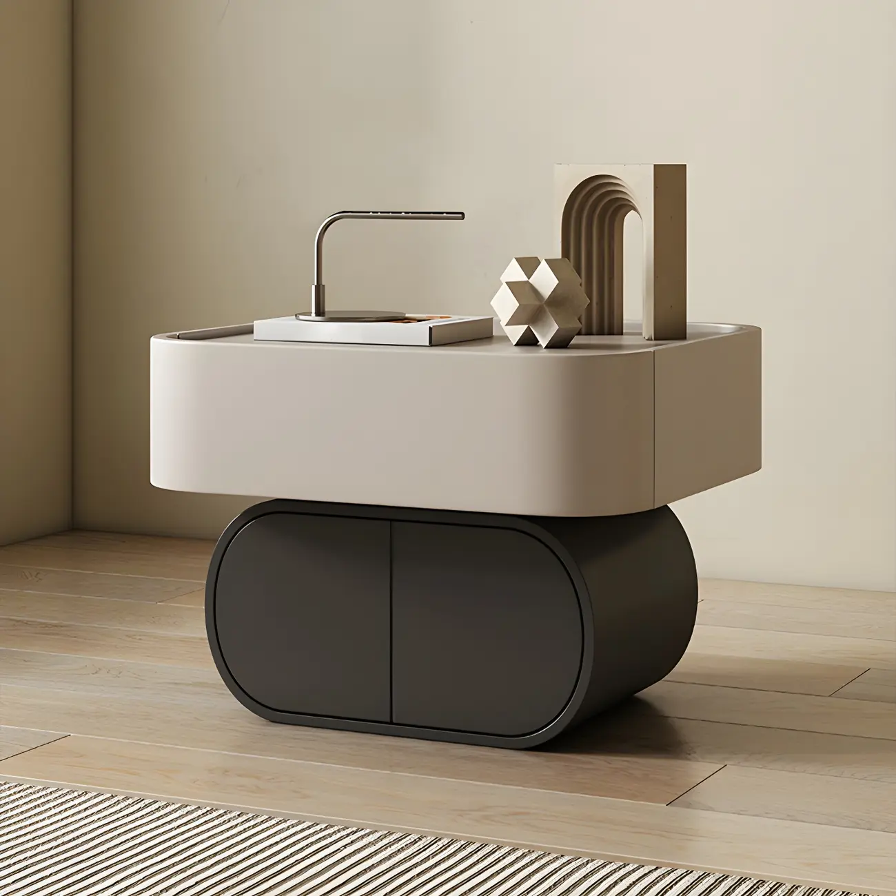 Two-color Wood Beige 2 Drawers Beside Nightstand