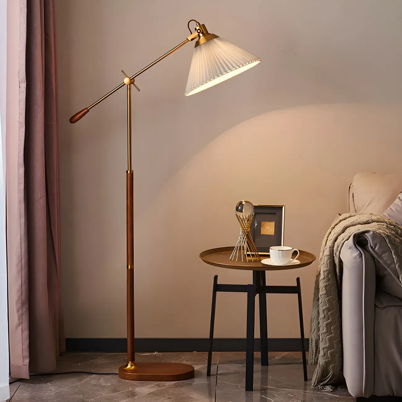 Brown Adjustable Metal Balance Arm Floor Lamp for Living Room