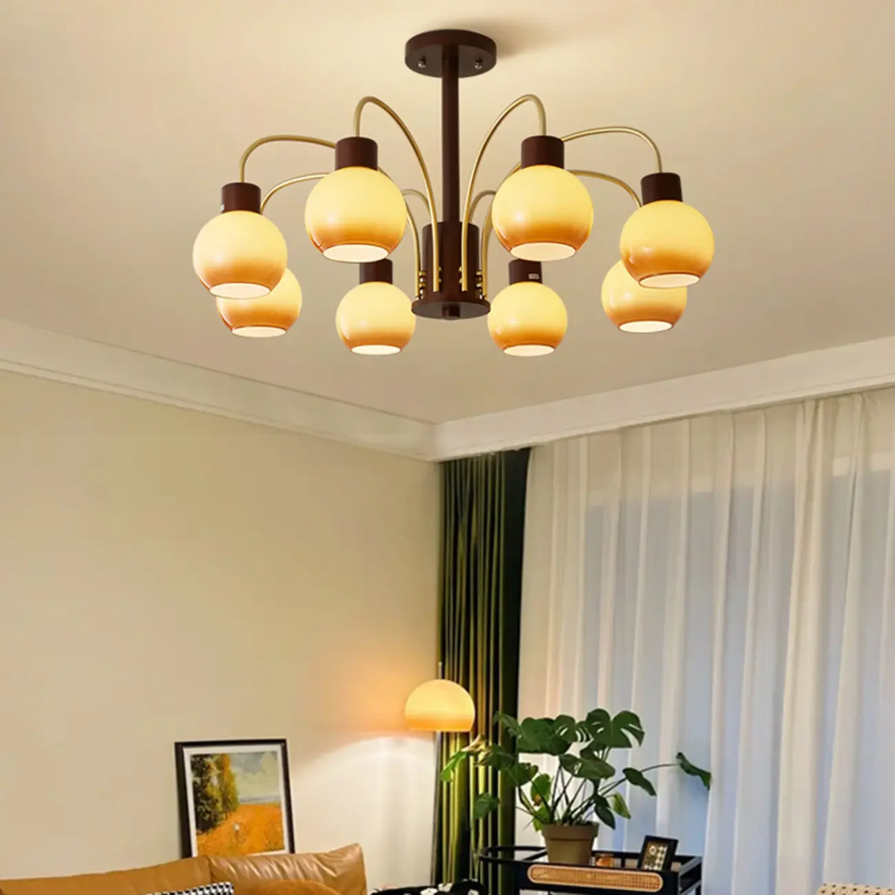 Classic Gold Metal Amber Glass Dome Chandelier