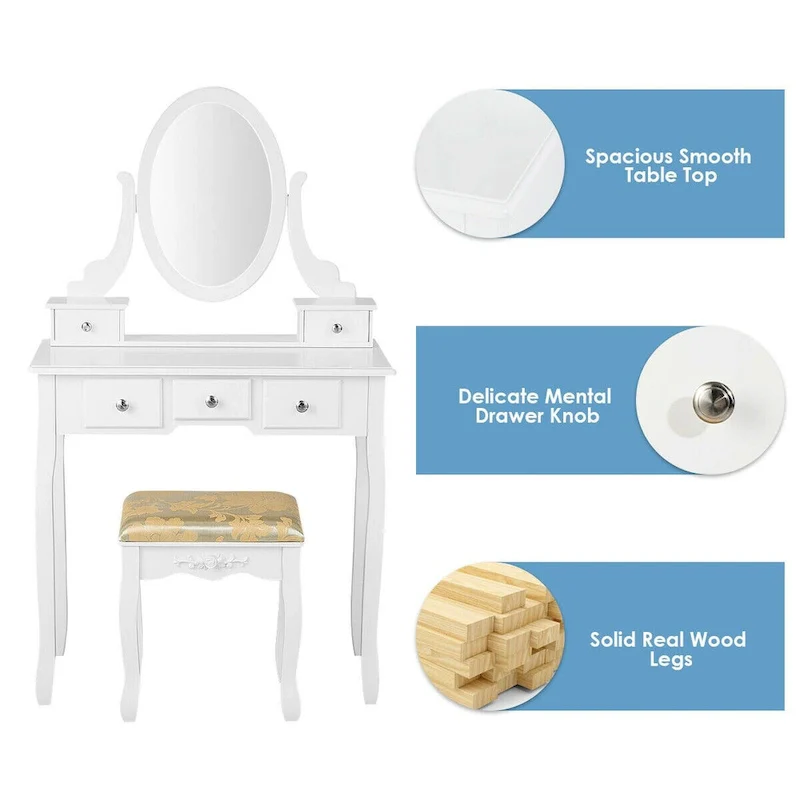 Costway Vanity Table Dressing Table 5 Make Up Table Stool