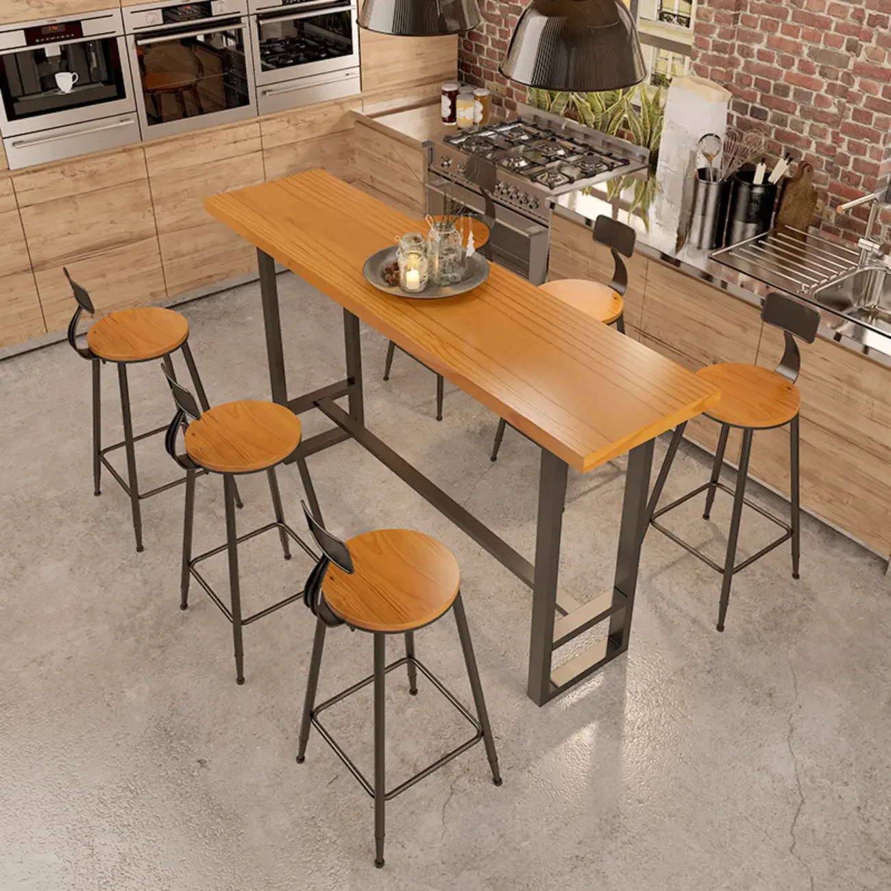 Industrial Wood Bar Table Set with Black Metal Base