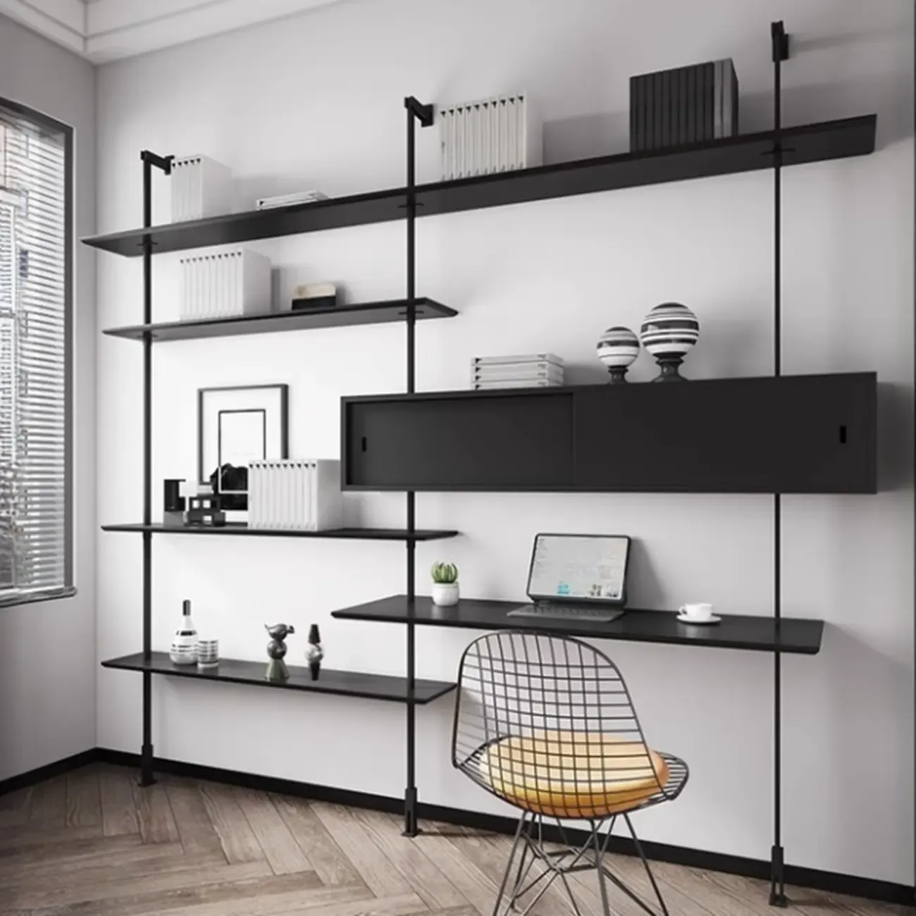 Industrial Black Wood Modular Wall Shelving System Bookshelf