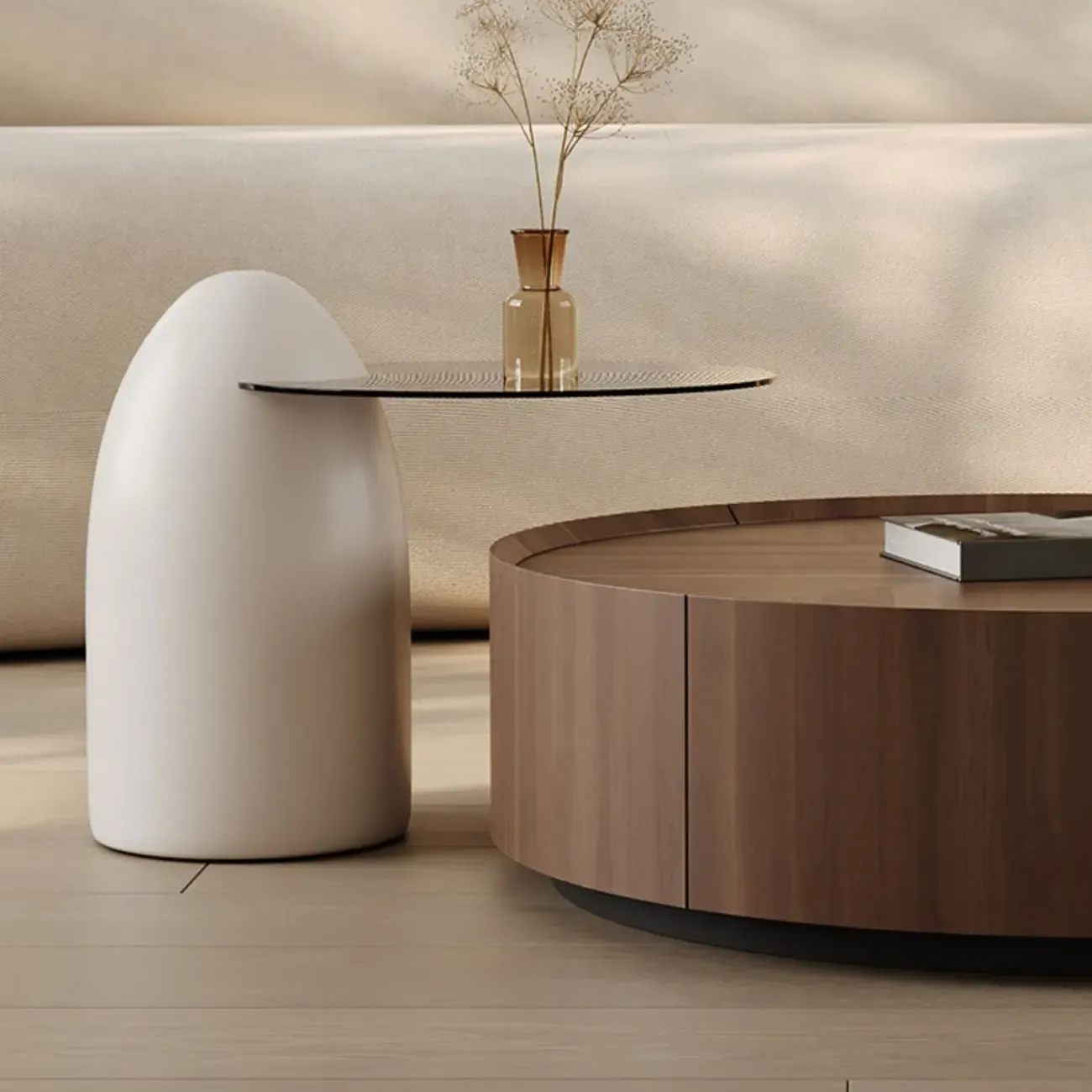 Brown Nesting Tray Wooden Round Coffee Table with 2 Drawers