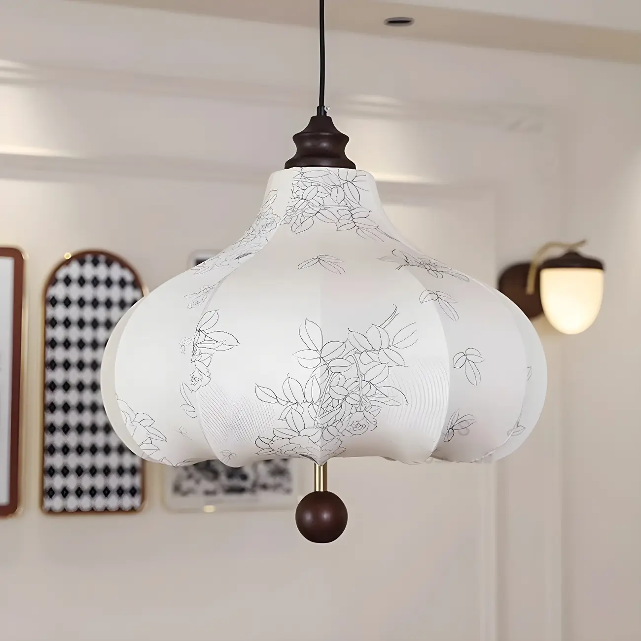 Traditional White Fabric Drum Shade Wooden Chandelier