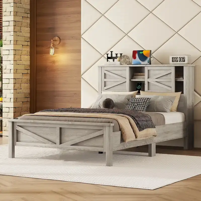 Farmhouse Platform Bed with Double Sliding Barn Door and Charging Station