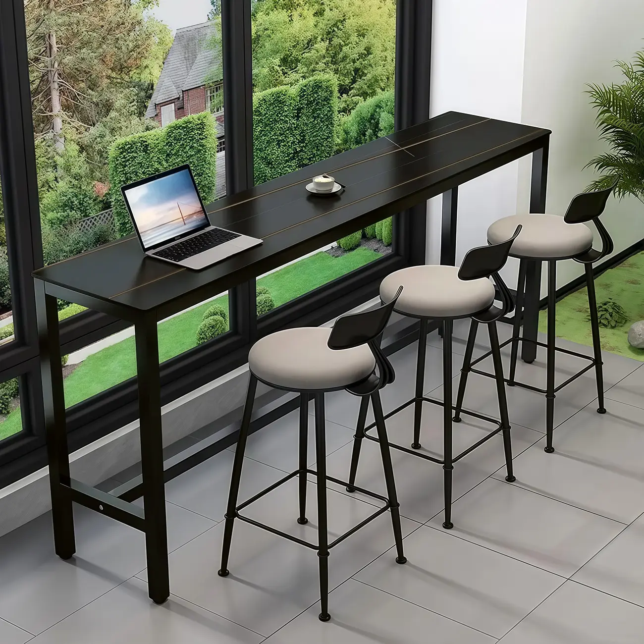 Modern Grey Stone Top Bar Height Table with Trestle Base