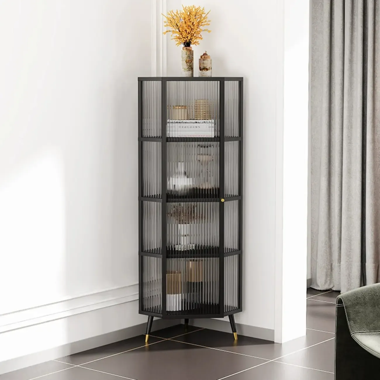 Modern Black Metal Ribbed Glass Corner Cabinet