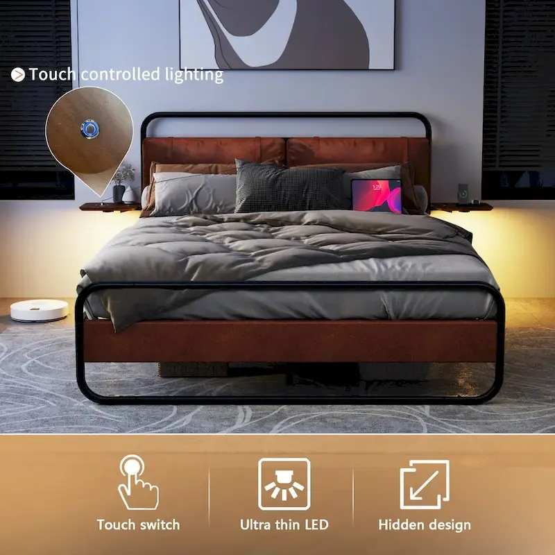 Metal Bed Frame with Upholstered Headboard, Wireless Charging and USB A & USB C & LED Light