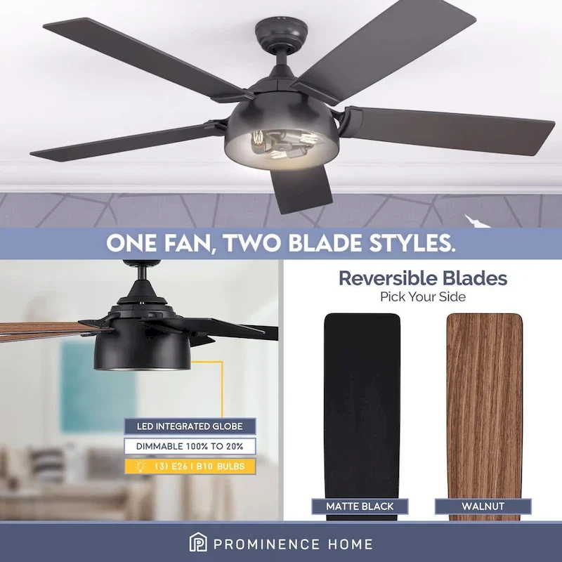 52  Prominence Home Octavia Matte Black Industrial Style LED Ceiling Fan with Light, Remote Control