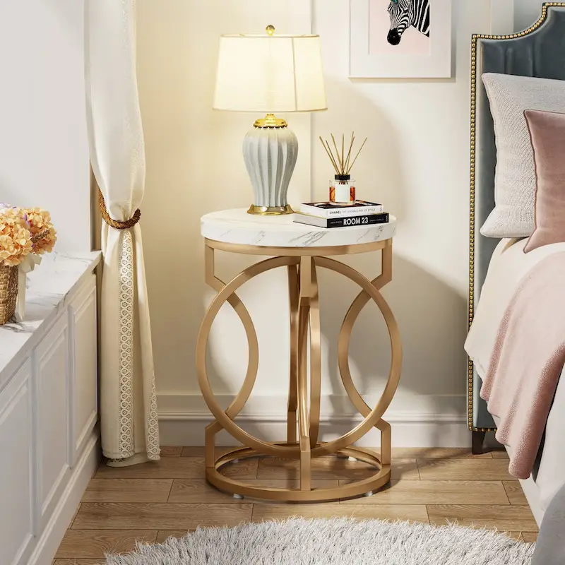 Gold End Table, Round Side Table with Faux Marble Top