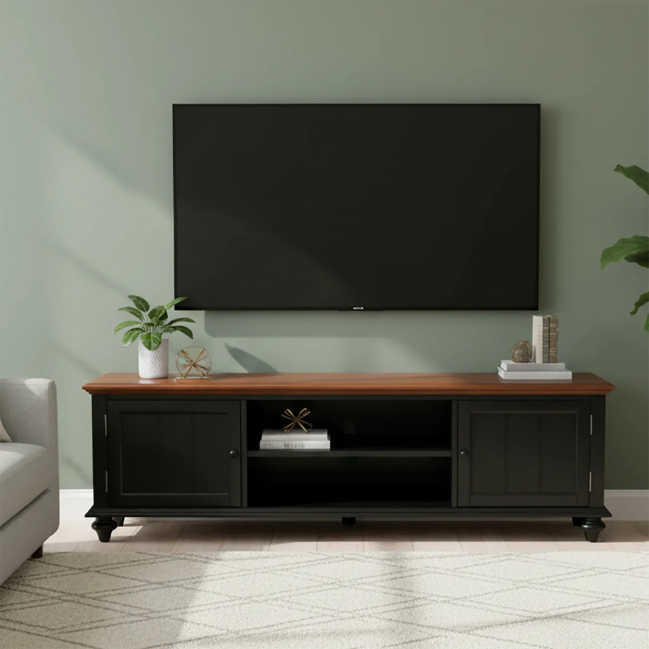 Traditional RubberWood TV Stand with Open Storage and Shelves