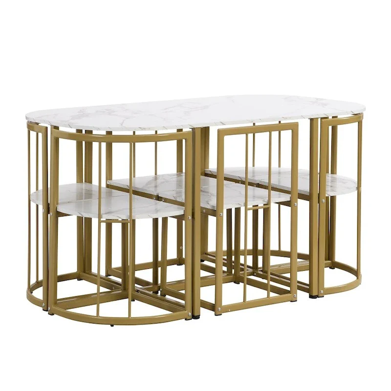 Modern 7-Piece Dining Table Set with Faux Marble Compact