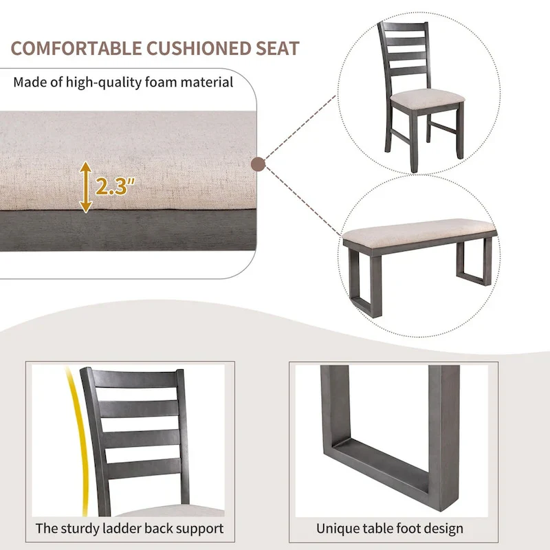 6-Pieces Dining Room Set with Table & 4 Chairs with Bench