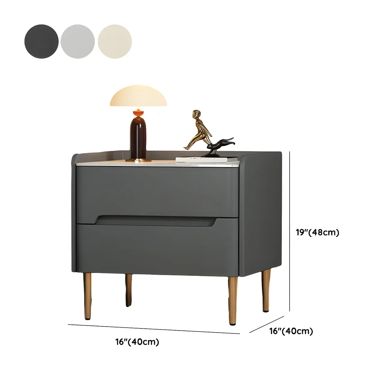 Elegant Green Wood Stone Top Gold Legs 2-Drawer Nightstand