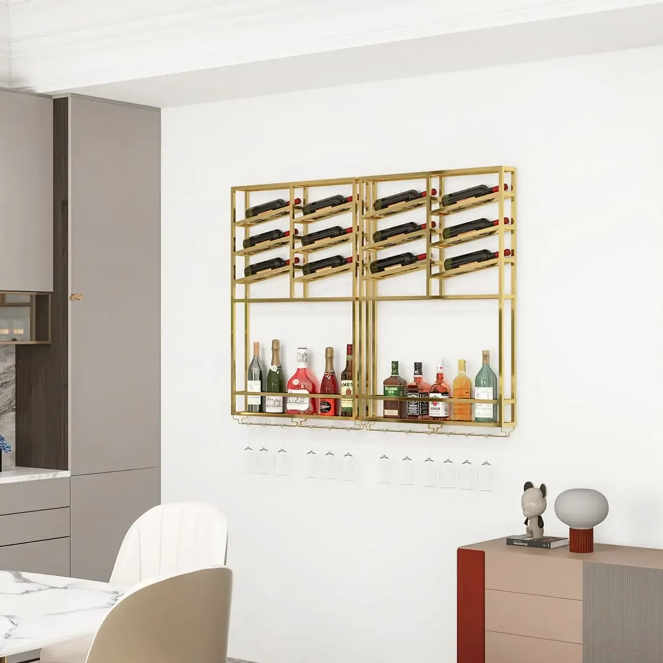 Industrial Wall Mounted Gold Metal Wine Rack with Bottle Rack