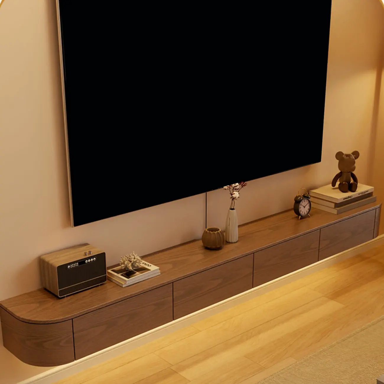 Scandinavian Wood Wall-mount TV Stand with Lift Drawers