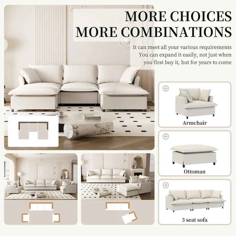 U Shaped Cloud Couch Set Chenille Sectional Sofa w/Ottoman, Pillows