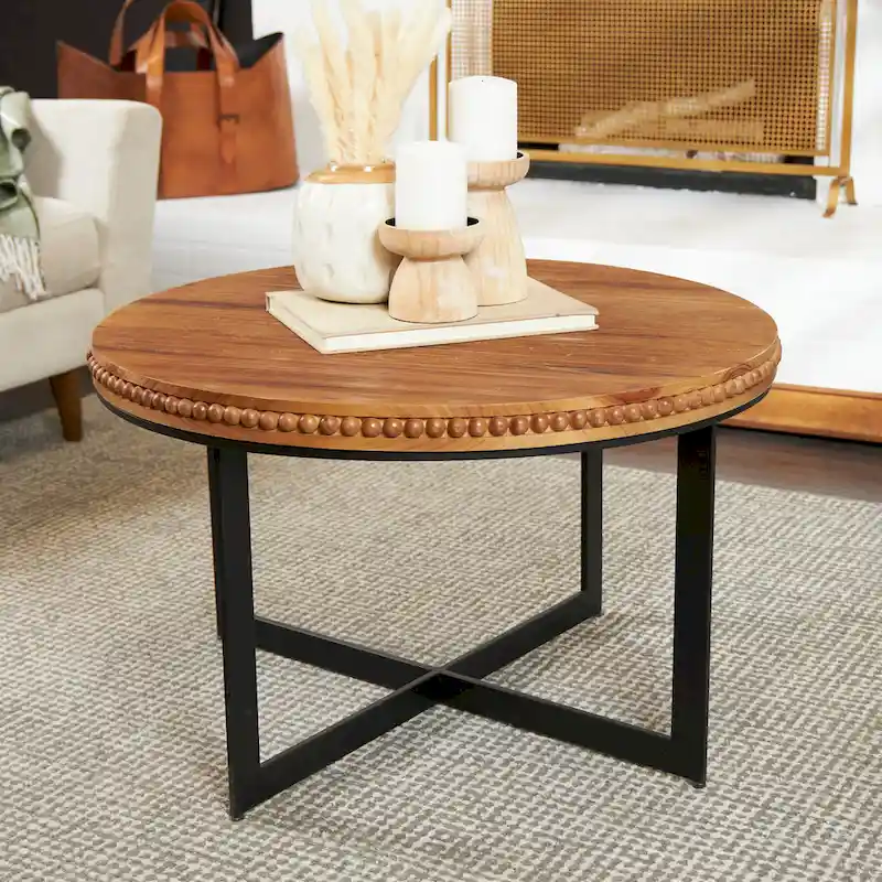 Wood Beaded Coffee Table with Metal X-Shaped Base - Brown - Roche River Decor - 30Wx30Lx16H