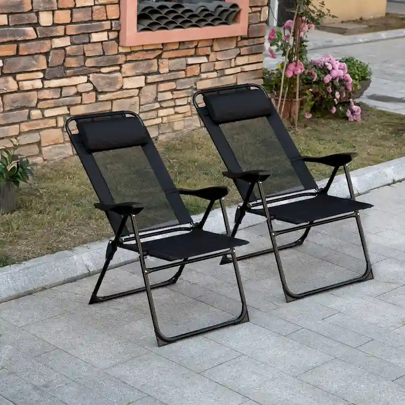 Folding Patio Chairs Set of 2, Deck Chair with Adjustable Sling Back, Camping Chair with Removable Headrest