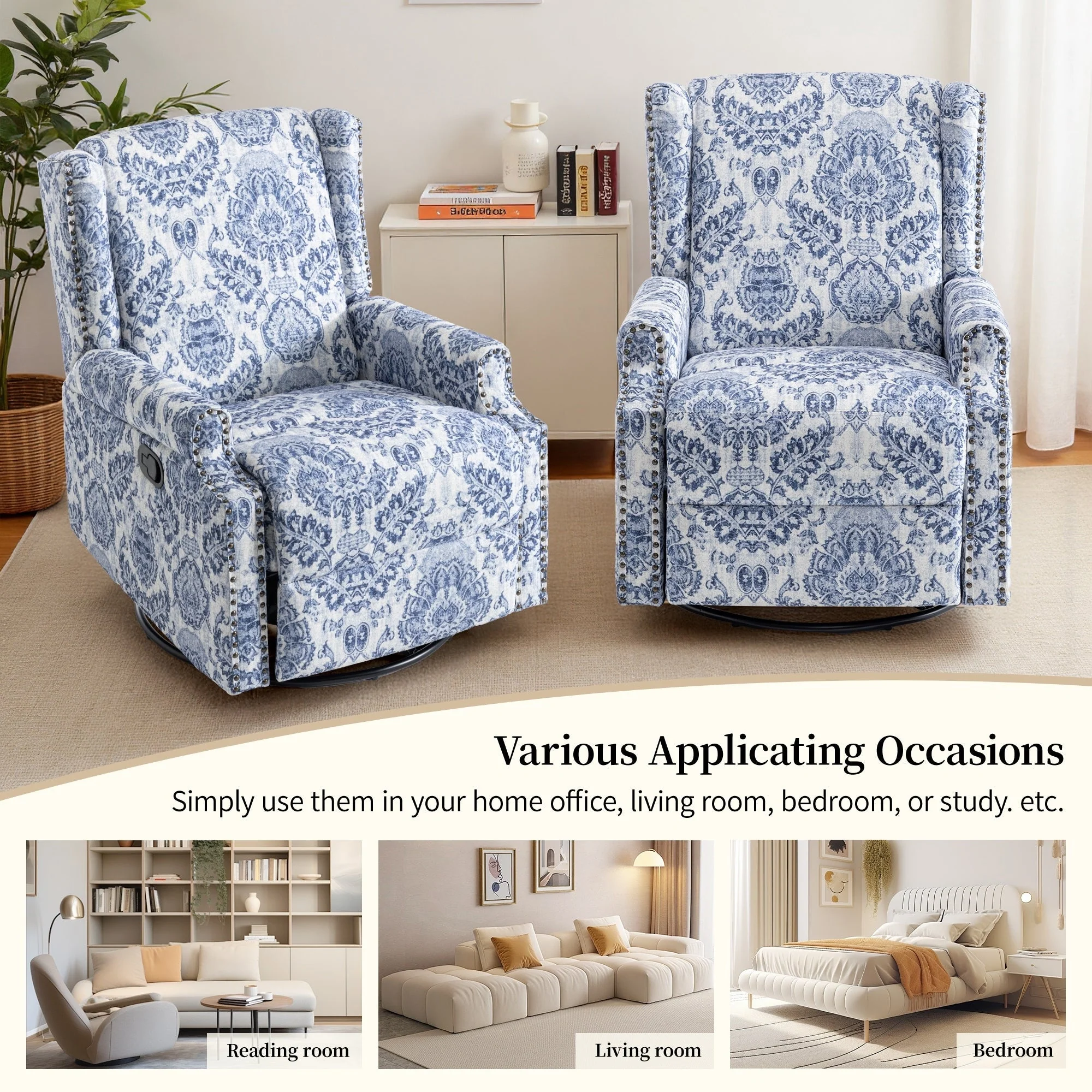 29'' W Pattern Swivel Glider Manual Push Back Recliner Chair Set of 2
